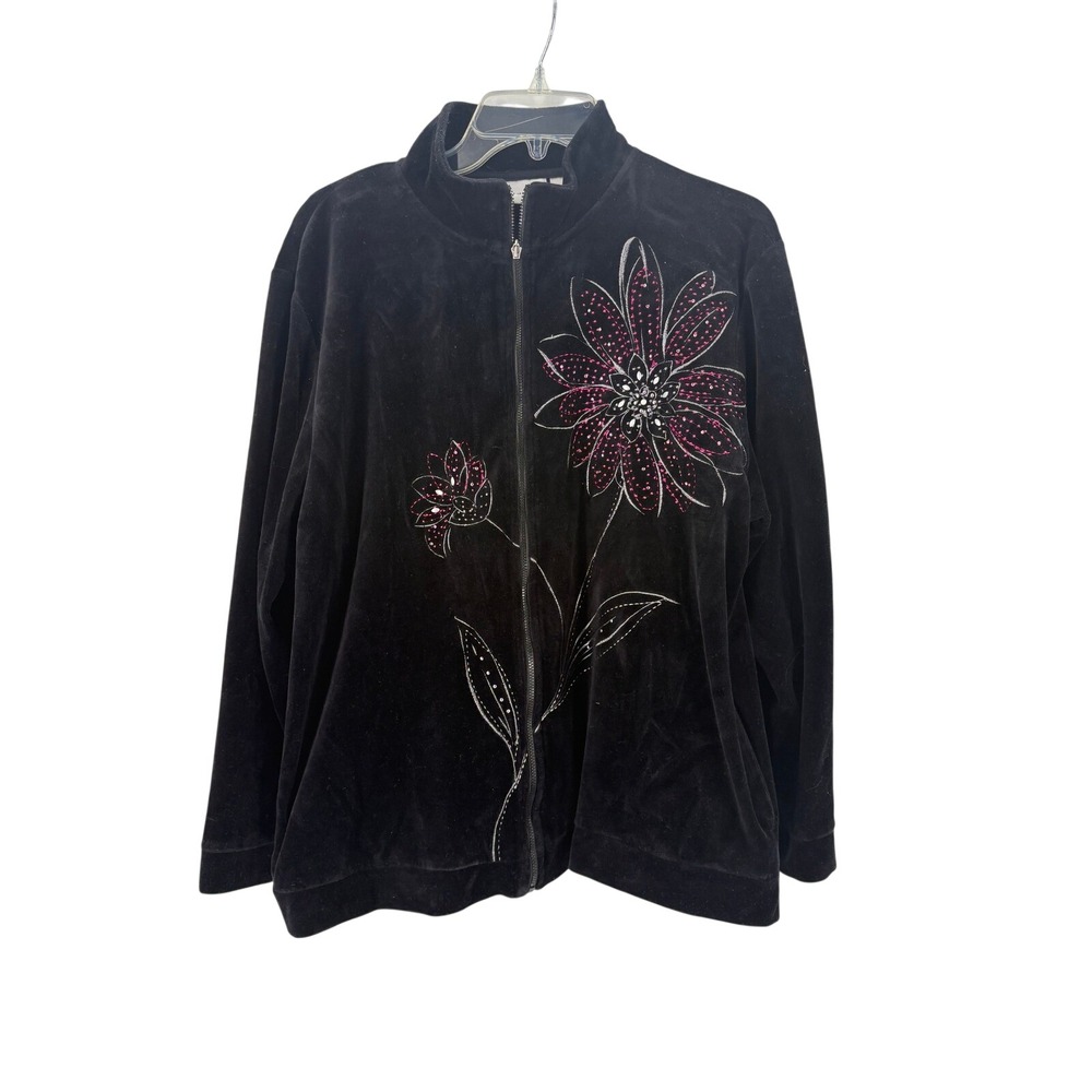 Alfred Dunner Black Velour Zip Front Jacket Floral Embellishment Women's Size 18